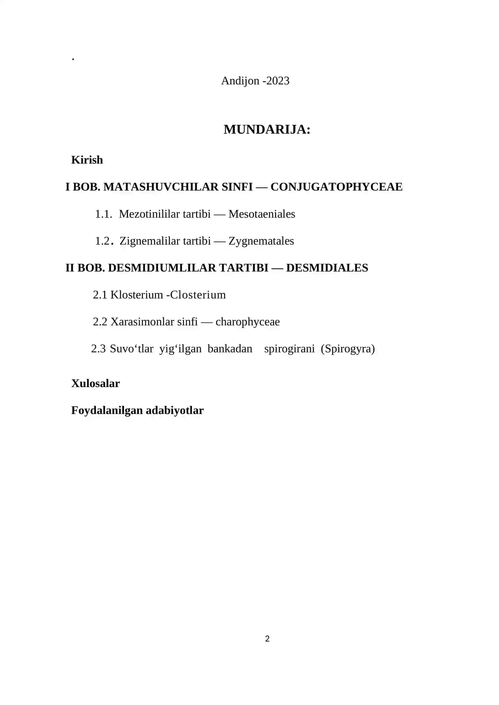 Matashuvchilar – Conjugatophyceae sinfi suvo’tlarining sistematikasi mavzusida KURS ISHI 2