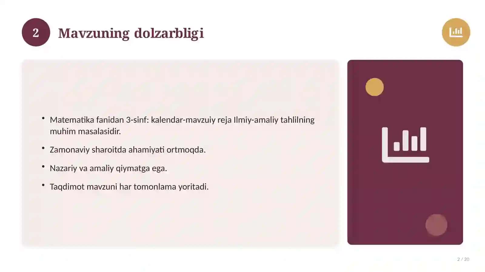 Matematika fanidan 3-sinf: kalendar-mavzuiy reja 2