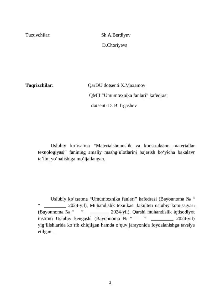 Uslubiy Qo'llanma "Materialshunoslik va konstruksion materiallar texnologiyasi" fanidan 2