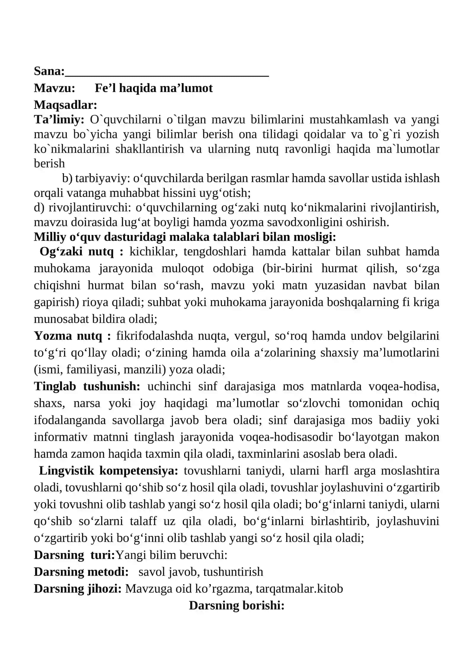 Fe’l haqida ma’lumot mavzusida 3-sinf Ona tili fanidan dars ishlanmasi 2