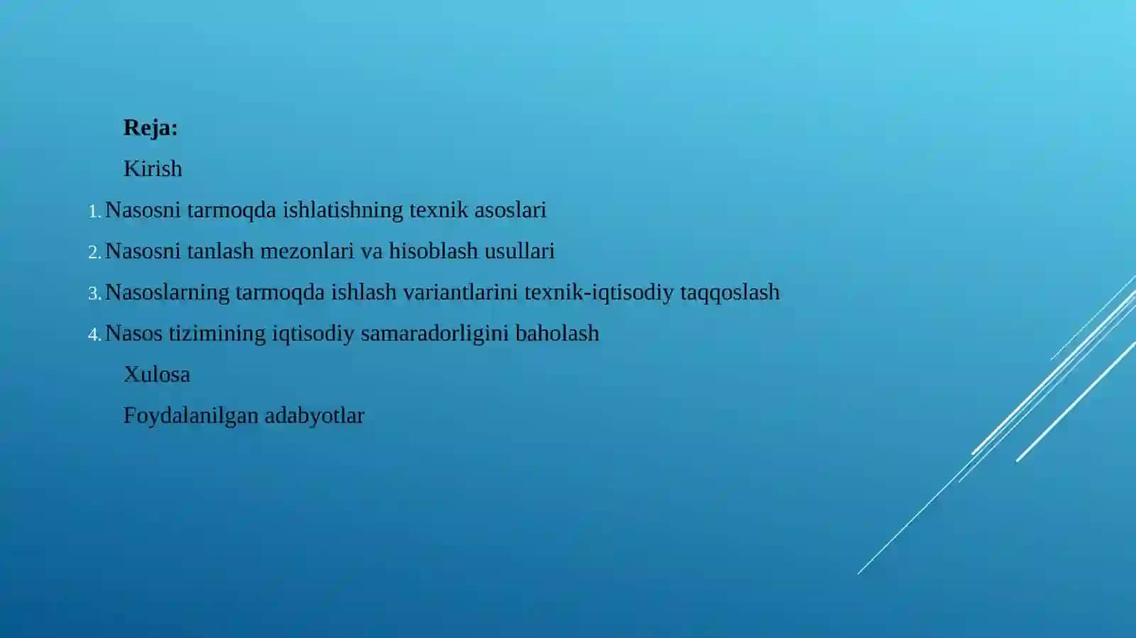 NASOSNI TARMOQDA ISHLASHI UCHUN TANLASHNING TEXNIK-IQTISODIY ASOSLARI 2