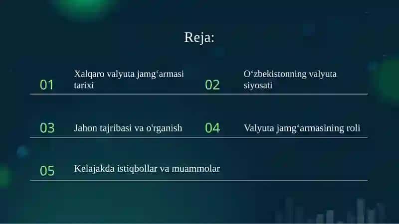 Xalqaro valyuta jamgʻarmasining faoliyati: Oʻzbekiston va Jahon tajribasi mavzusi bo'yicha 21 betlik taqdimot 2