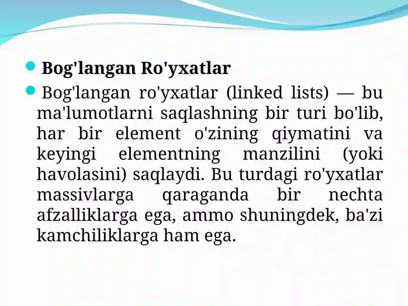 Bog‘langan ro‘yxatlar.  Bog‘langan ro‘yxatlar  – bir bog‘langan va ikki bog‘langan ro‘yxatlar 2