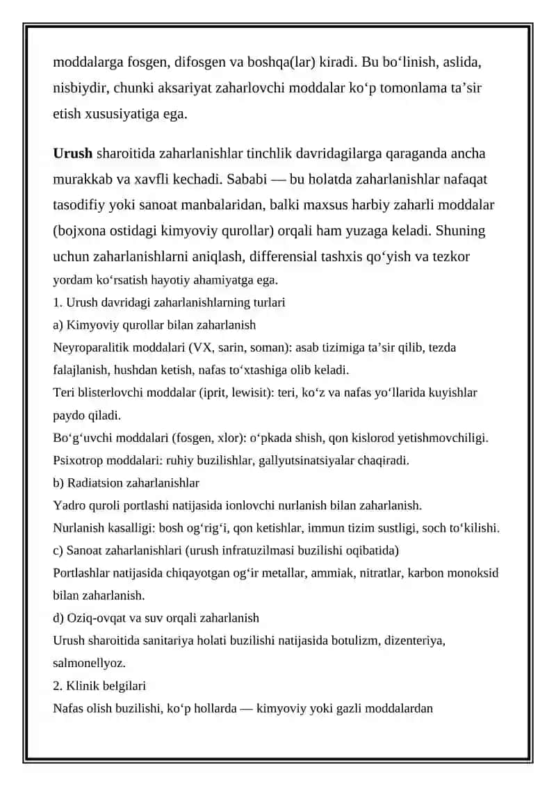 URUSH   DAVRDA   ZAHARLANISHLAR  ZAHARLOVCHI  MODDALAR  TURLARI 2