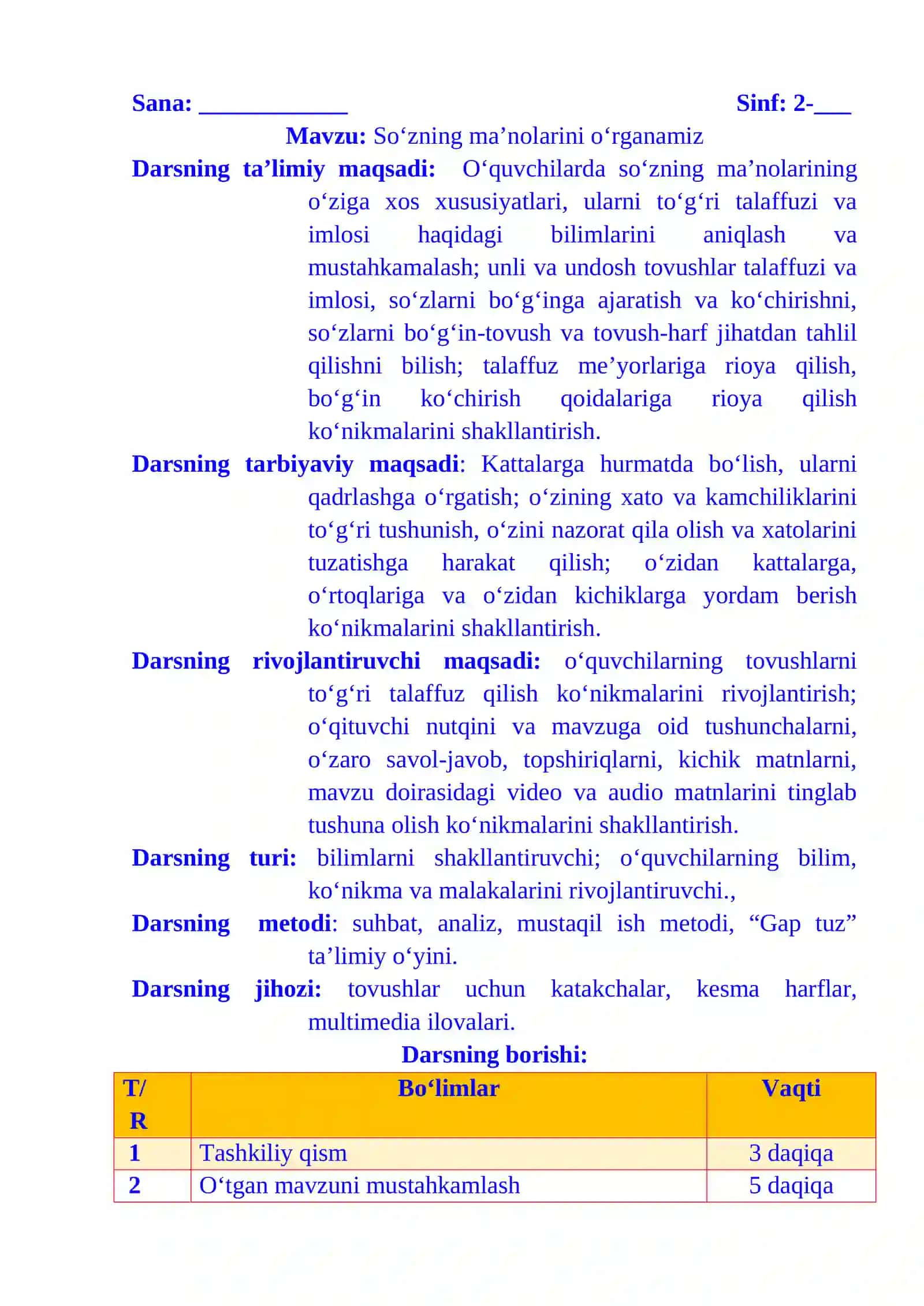 2-sinf ona tili So‘z ma’nolarini o‘rganamiz dars ishlanma 2