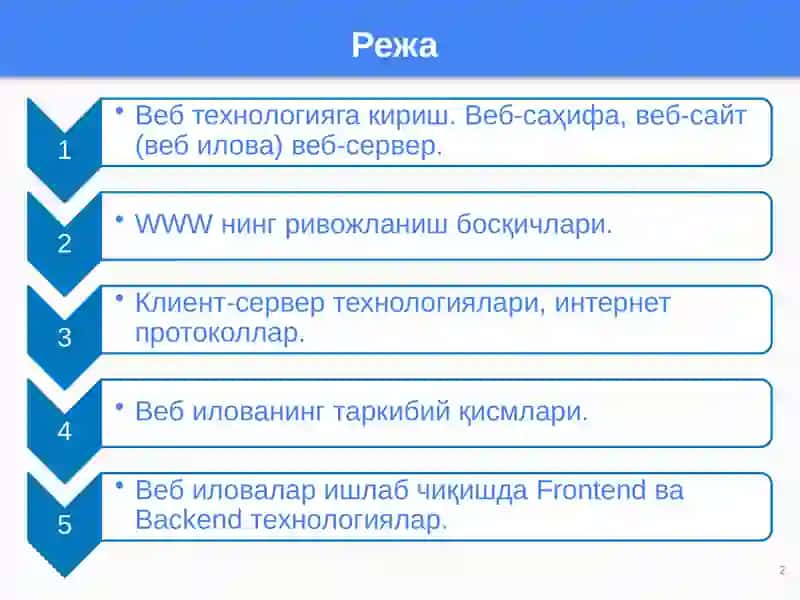 WEBДАСТУРЛАШГА КИРИШ. АСОСИЙ ТУШУНЧАЛАР.WWWРИВОЖЛАНИШ БОСҚИЧЛАРИ Режа 2
