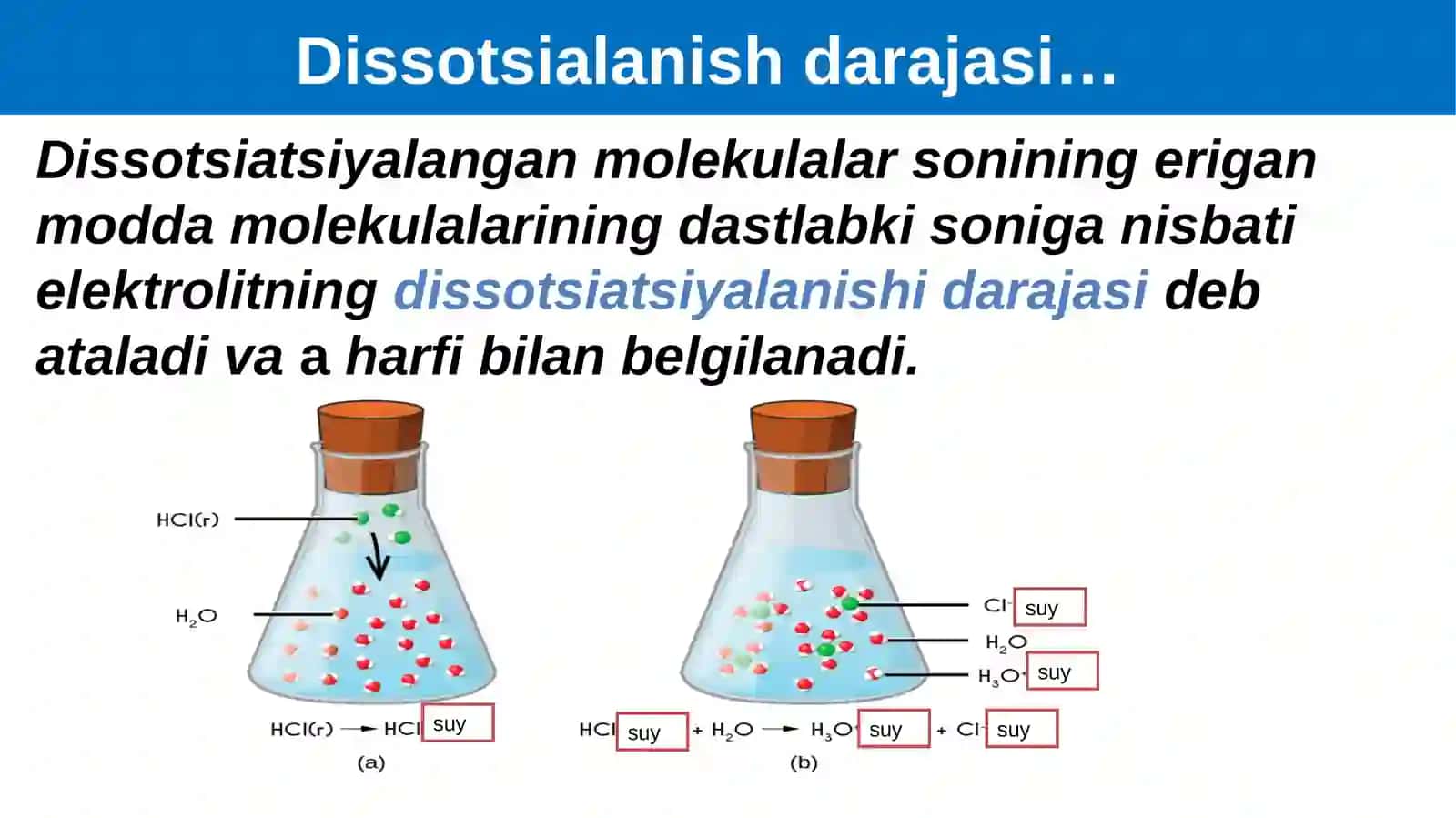 Kuchli va kuchsiz elektrolitlar. Elektrolitlarning dissotsialanish darajasi. 2