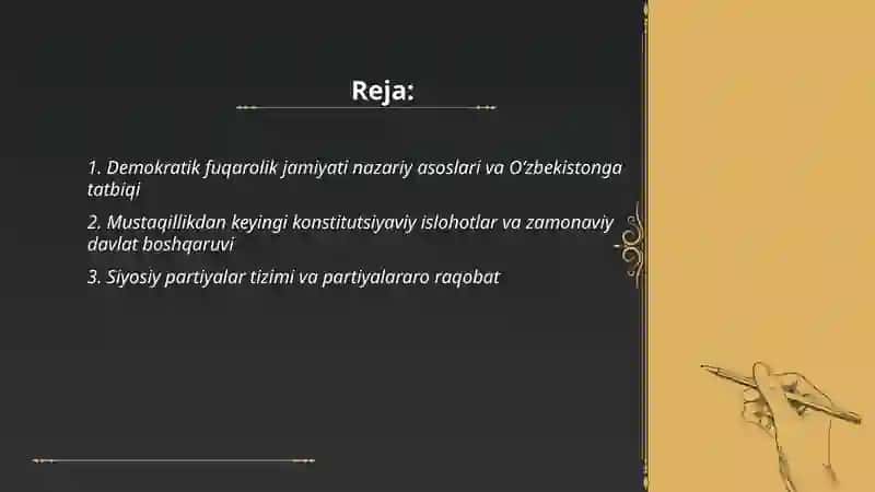 O’zbekistonda demokratikfuqorolig jamiyati asoslarining shakllanish va amalga oshirilgan siyosiy islohotlar 2
