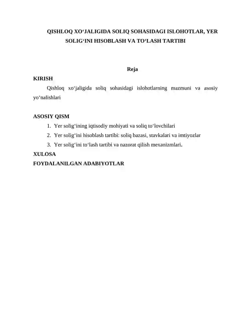 QISHLOQ XO‘JALIGIDA SOLIQ SOHASIDAGI ISLOHOTLAR, YER SOLIG‘INI HISOBLASH VA TO‘LASH TARTIBI 2