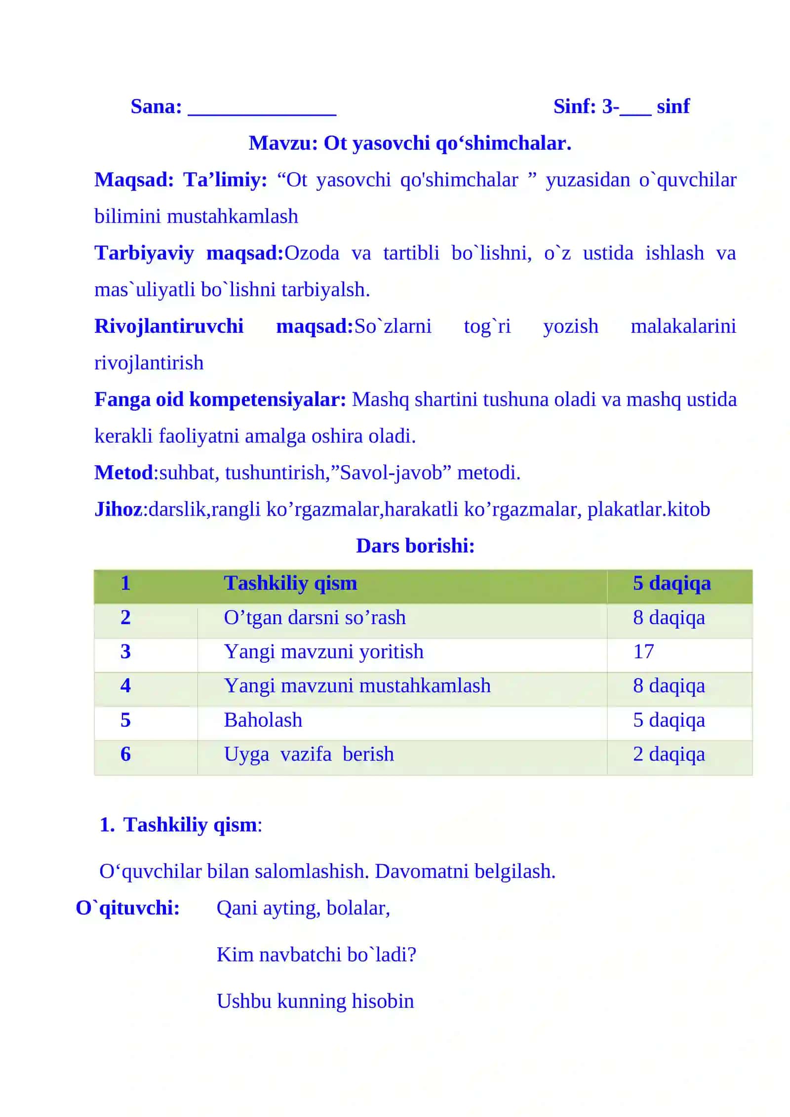 3-sinf Ona tili fanidan Ot yasovchi qo'shimchalar 3-chorak dars ishlanmasi 2