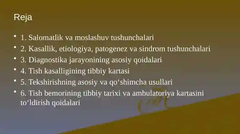 Salomatlik, moslashuv, kasallik, etiologiya,patogenez, sindrom tushunchasi. Diagnostika jarayonining qoidalari. Tish kasalining tibbiy kartasi.Tekshirishning asosiy va qo’shimcha usullari. Tish bemorining tibbiy tarixi va ambulatoriya kartasini to’ldirish qoidalari 2