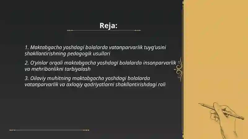 Maktabgacha yoshdagi bolalarning maʼnaviy va axloqiy tarbiyasida vatanparvarlik, insonparvarlik his-tuygʻularini shakllantirish 2