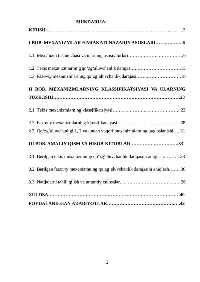 FAZOVIY VA TEKISLIKDA HARAKAT QILUVCHI MEXANIZMLARNING QO'ZG'ALUVCHANLIK DARAJASI, ULARNING KLASSIFIKATSIYASI 2