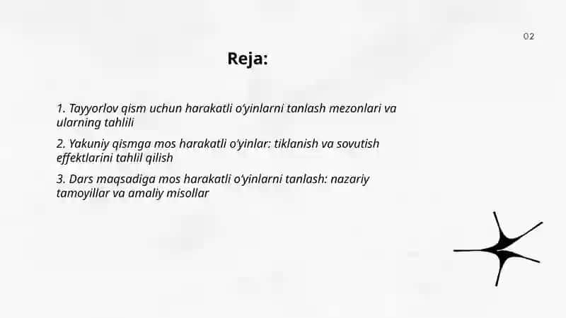Harkaktli oʻyinlarining jismoniy tarbiya darsining tayyorlov va yakuniy qismiga mos holda tanlash hamda tahlil qilish 2