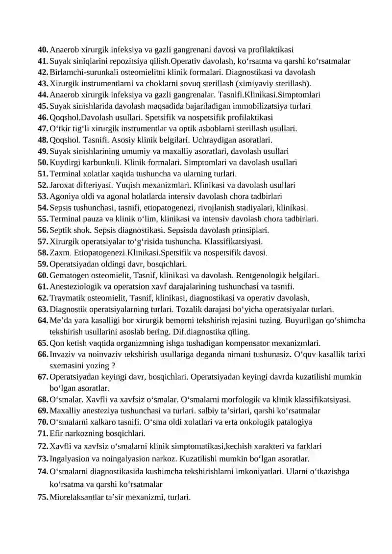 Umumiy xirurgiya fanidan 2020-2021 yil uchun yozma-og‘zaki nazorat ishi savollari 2