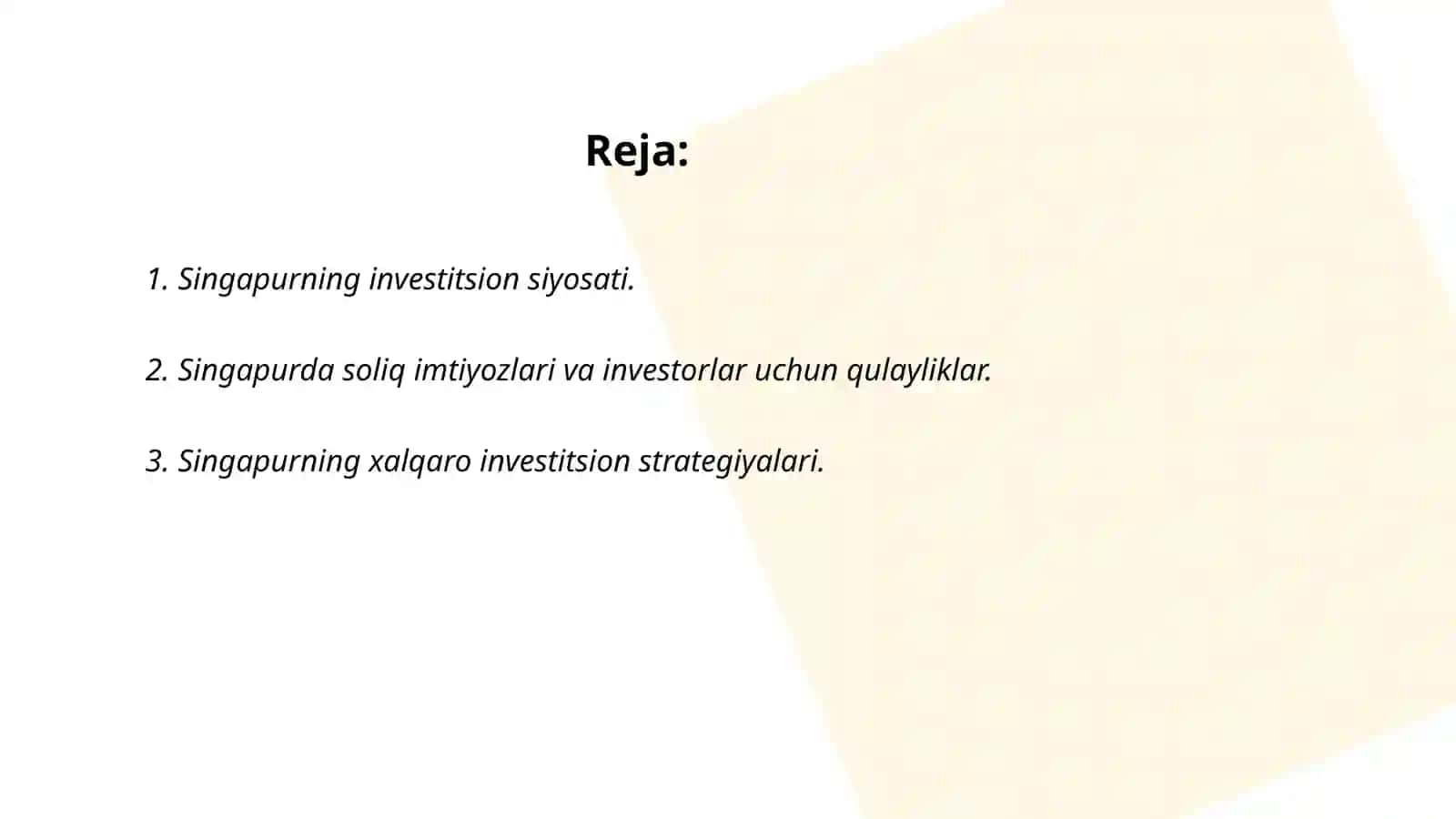 Singapurning investitsion faoliyati va Oʻzbekiston bilan investitsion hamkorligi 2