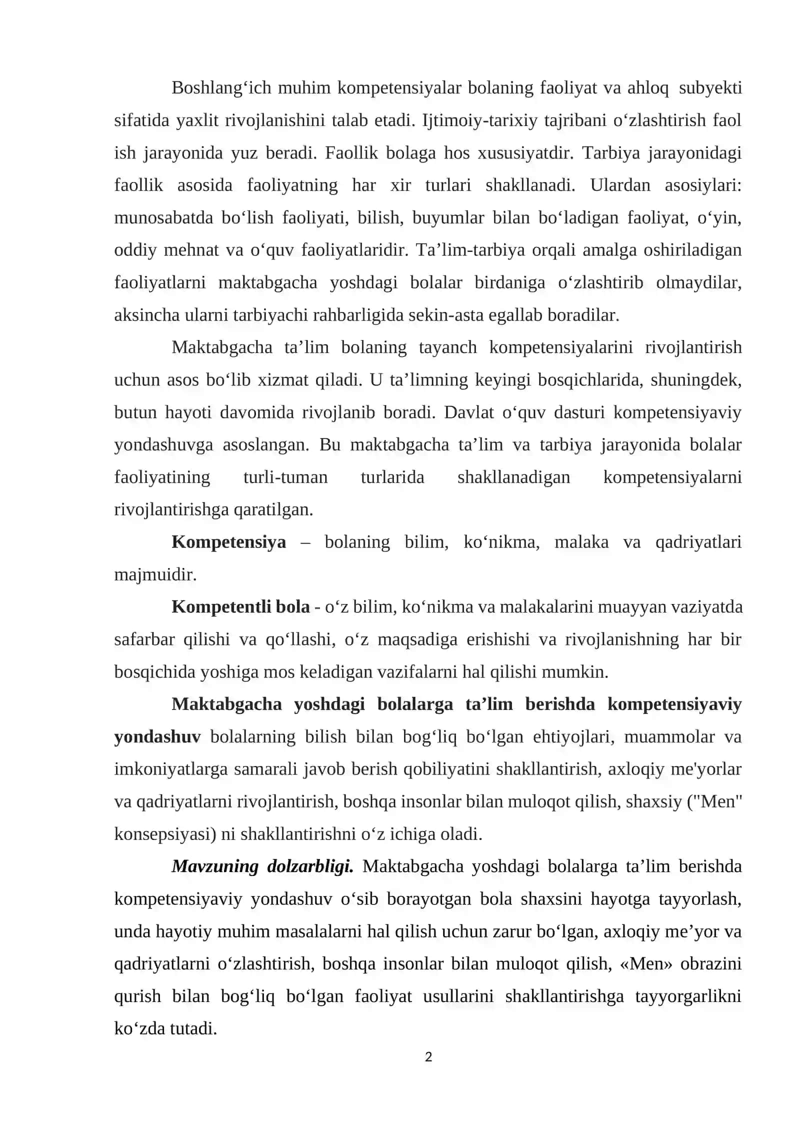 Bolaning rivojlanish sohalari kompetensiyalari 2