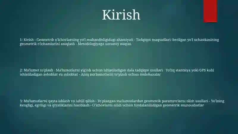 Berilgan Yo‘L (Ko‘Cha) Bo‘Lagini Geometrik O‘Lchamlarini Aniqlash 2