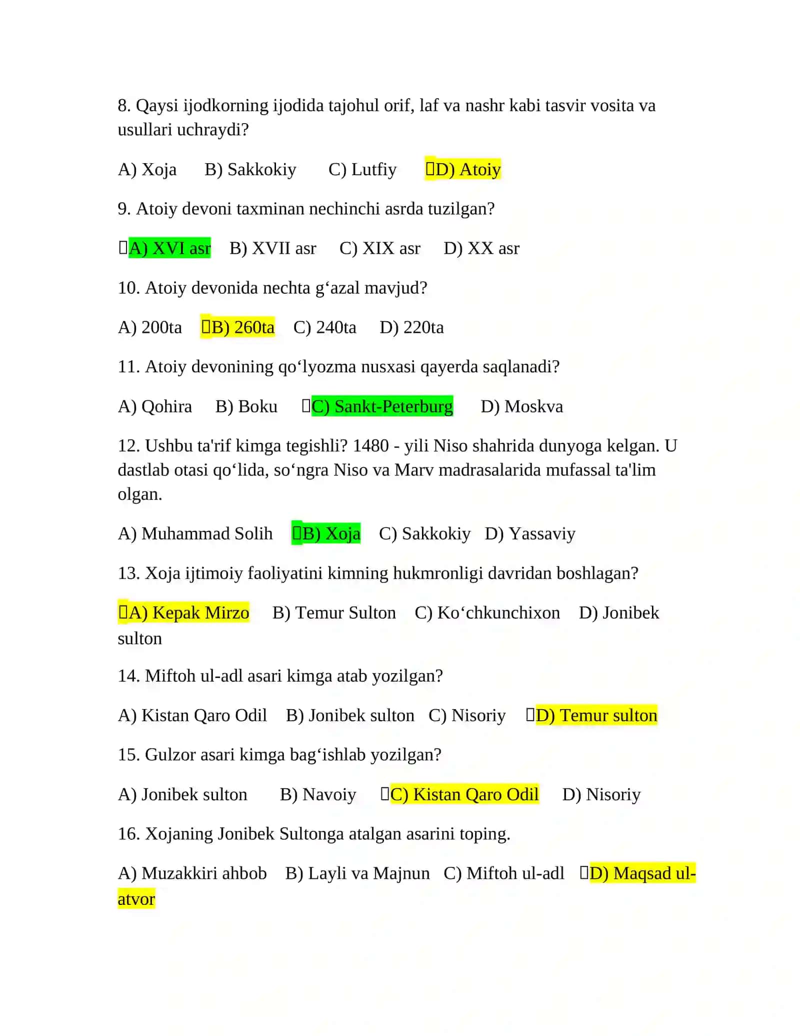 Oʻzbek adabiyotidan test savollari 2
