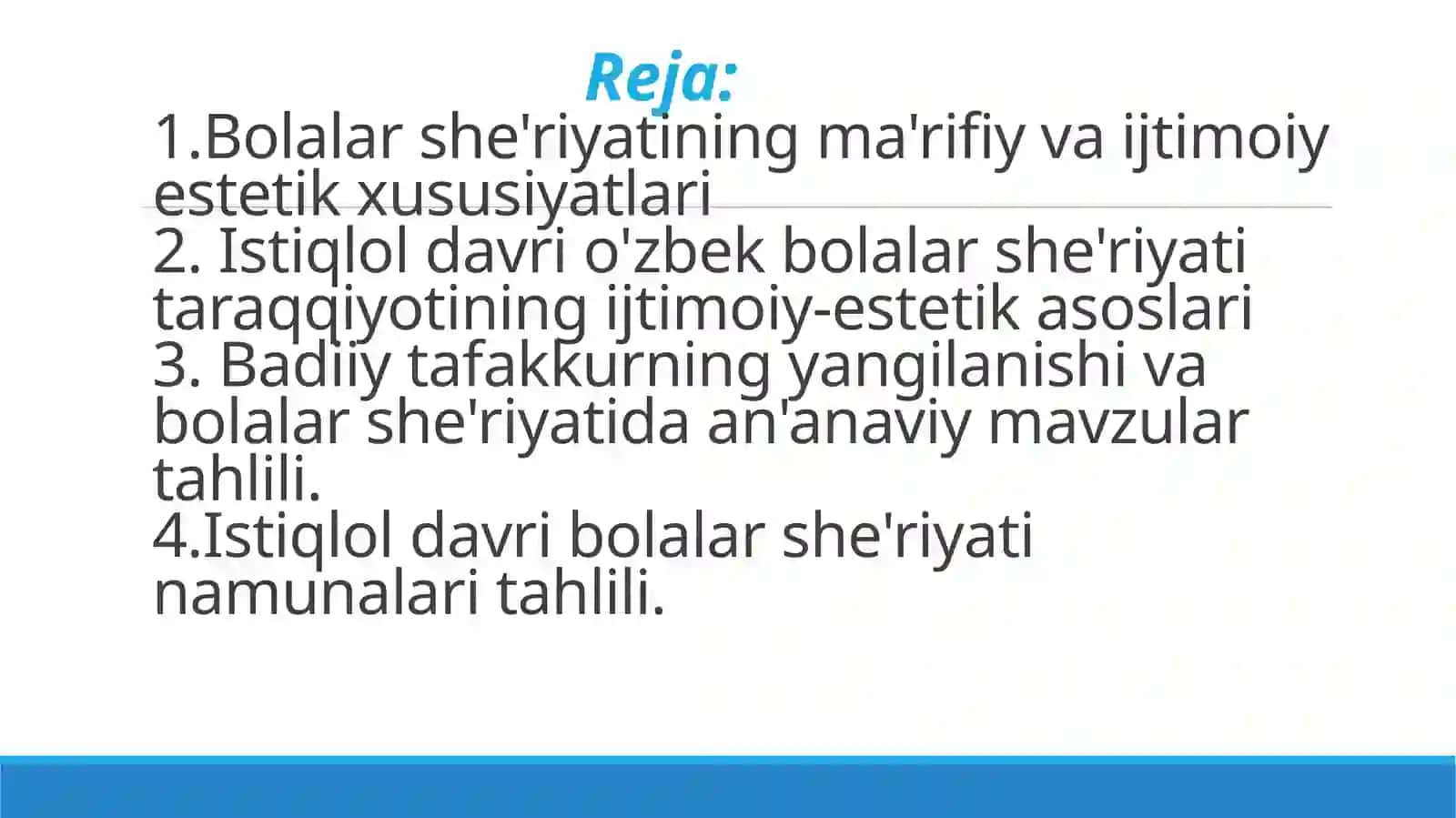 Bolalar she'riyatining ma'rifiy va ijtimoiy-estetik xususiyatlari. Istiqlol davri o'zbek bolalar she'riyati taraqqiyotining ijtimoiy-estetik asoslari, badiiy tafakkurning yangilanishi va bolalar she'riyatida an'anaviy mavzular tahlili. 2