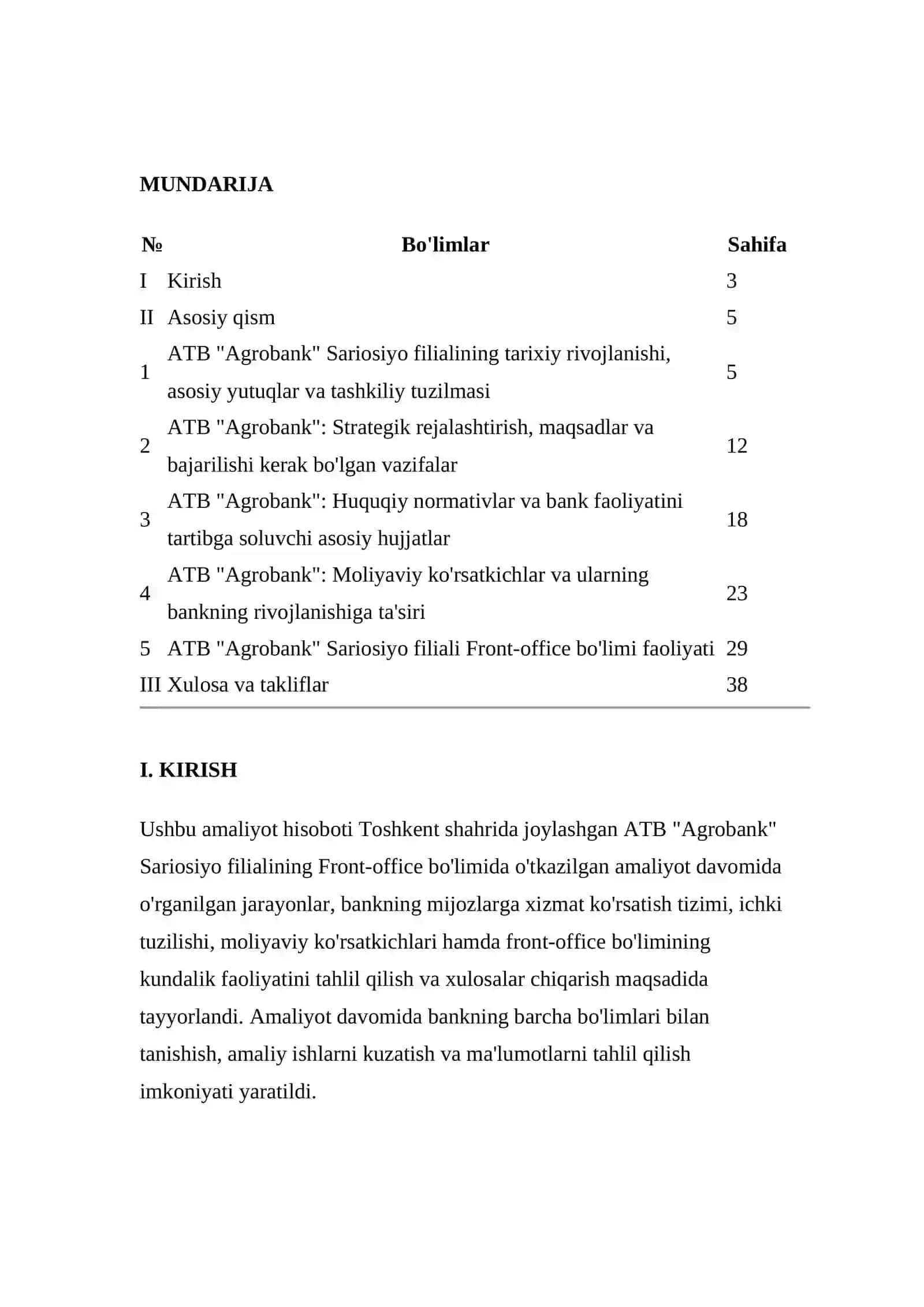 ATB "Agrobank" SARIOSIYO FILIALI FRONT-OFFICE BO'LIMIDA O'TKAZILGAN AMALIYOT TO'G'RISIDA 2