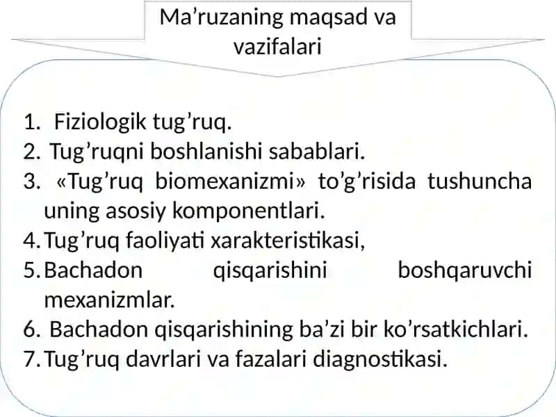 Fiziologik tug’ruq. Tug’ruqni boshlanishi sabablari va uni boshqarilishi. Tug’ruq davrlari klinikasi va biomexanizmi. Normal tug’ruqni olib borish va tug’dirish. Homila chanog’i bilan kelganida tug’ruq 2