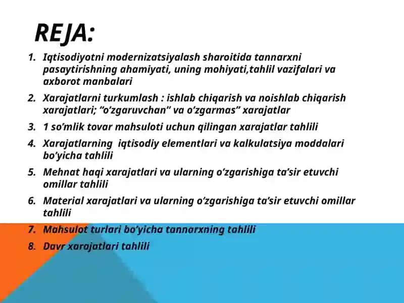 Ishlabchiqarish va xarajatlarini tahlili 2