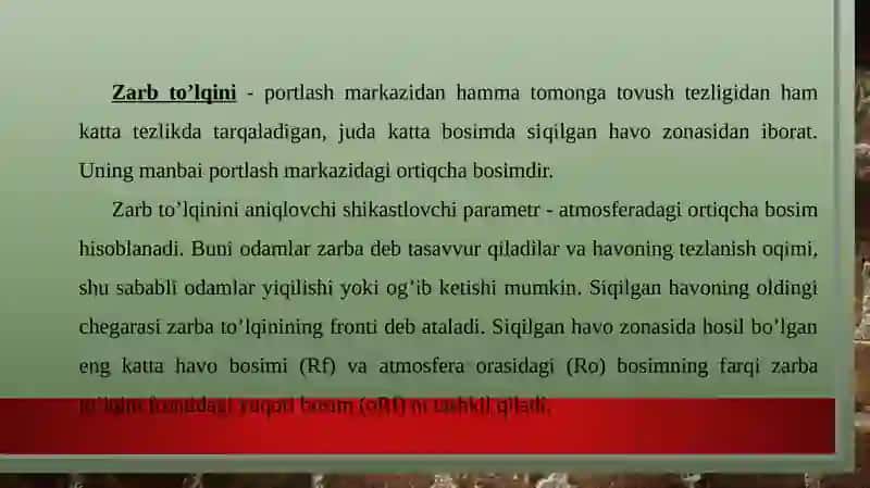 To`lqin zarbi. Jabrlanish zonalar tavsifi. Yoruglik ajralishi. Otuvchi nurlar 2