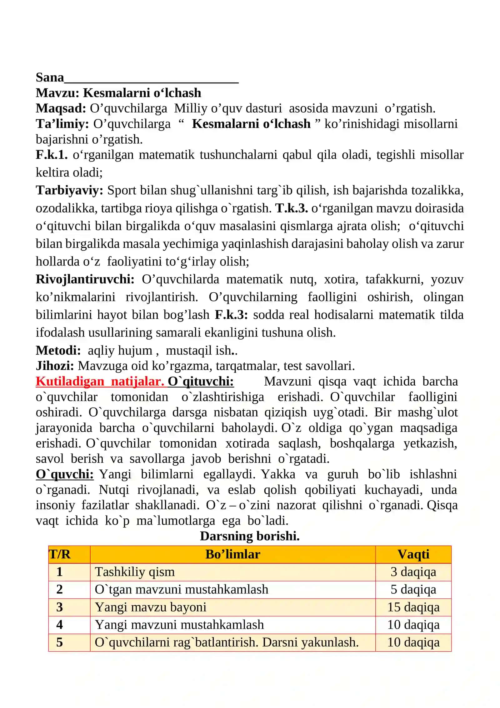 Kesmalarni oʻlchash 1-sinflar uchun Matematika fanidan dars ishlanmasi 2