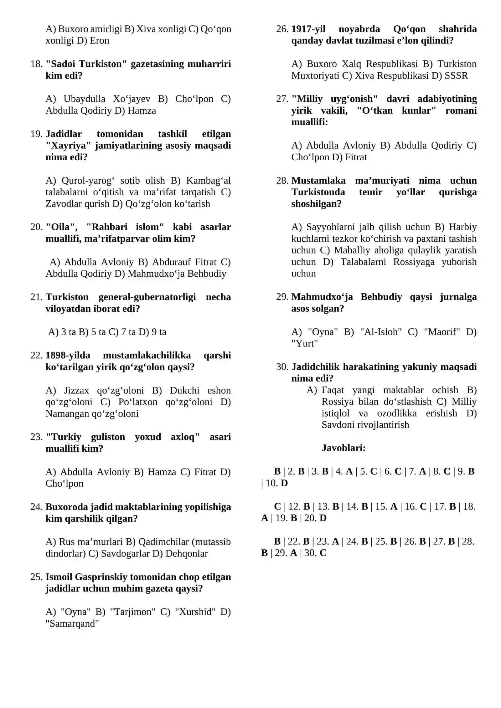 Turkiston Tarixi: Bosqin va Milliy Uyg‘onish (Testlar) 2