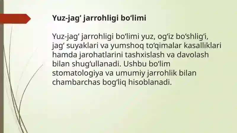Yuz-jag‘ jarrohligi bo‘limining tuzilishi hamda yuz-jag‘ sohasi jarohatlangan, singan va shikastlangan bemorlarni parvarish qilish xususiyatlari 2