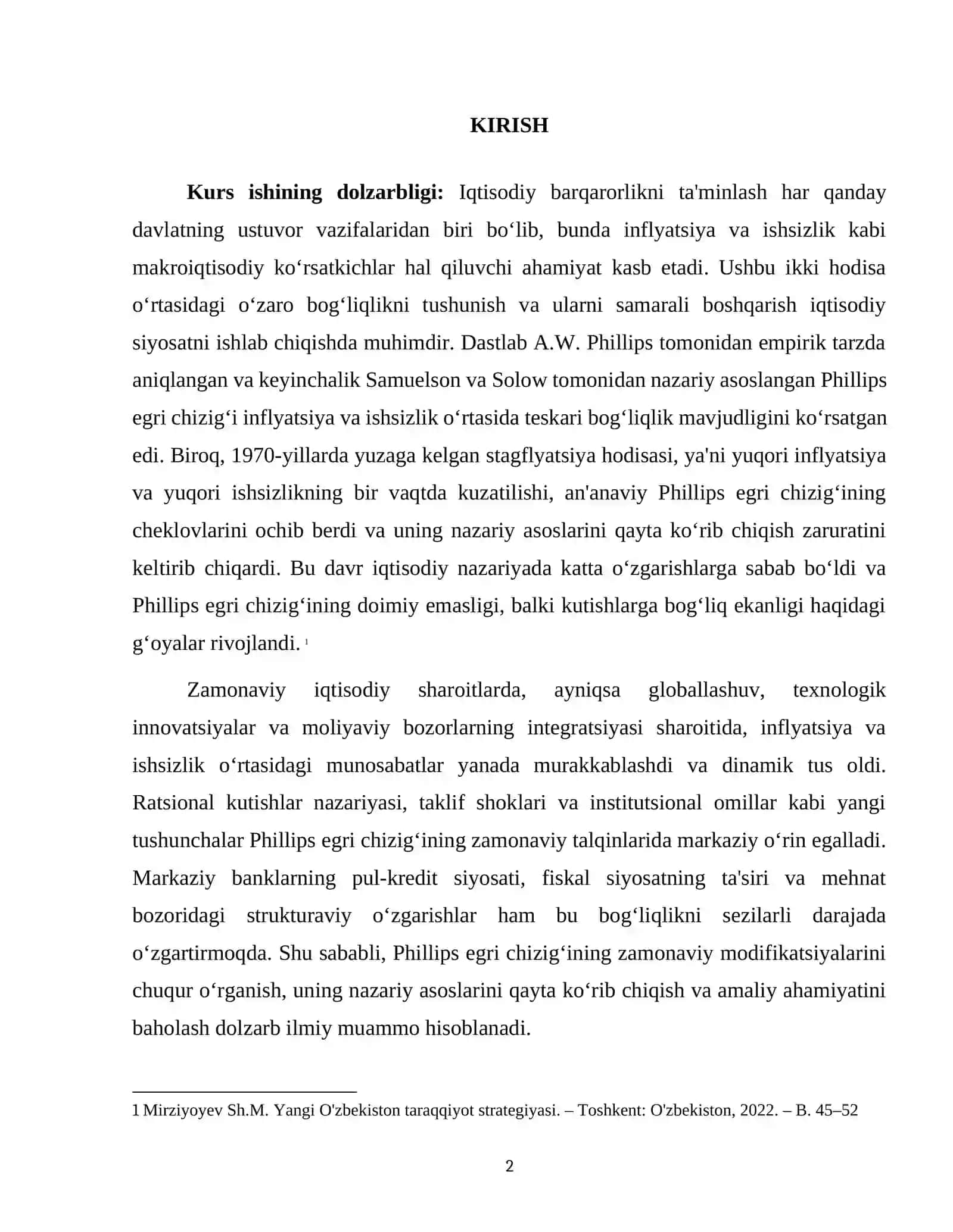 INFLYATSIYA VA ISHSIZLIKNING ZAMONAVIY PHILLIPS EGRI CHIZIG'I 2
