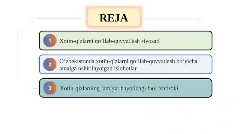 Xotin-qizlarni qo‘llab-quvvatlash, ularning jamiyat hayotidagi faol ishtirokini ta’minlash 2