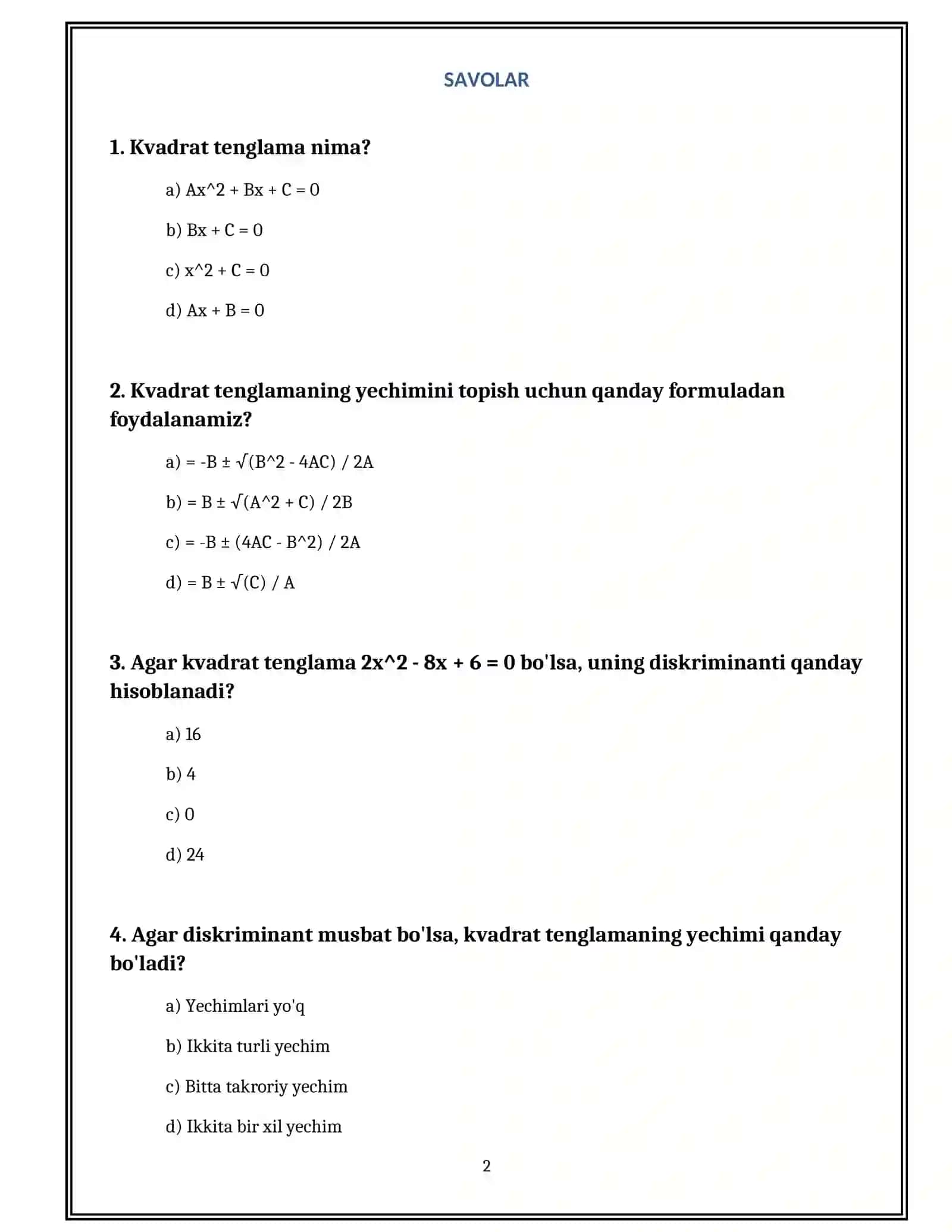 ALGEBRA: KVADRAT TENGLAMALAR VA ULARNING YECHIMLARI 2