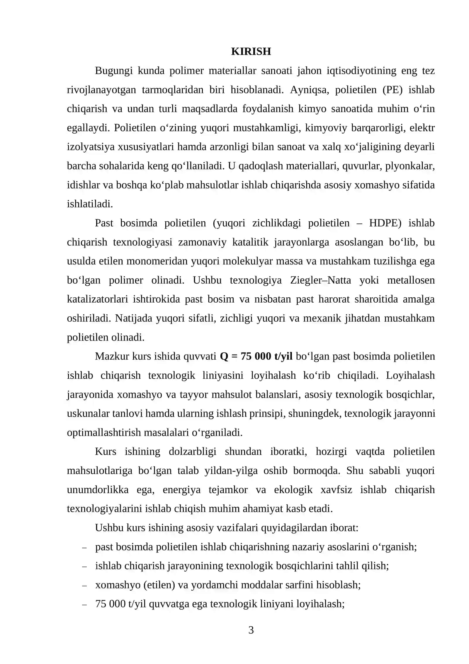 Past bosimda polietilen ishlab chiqarish texnologik liniyasini loyihalash Q=75000 t/yil. 2