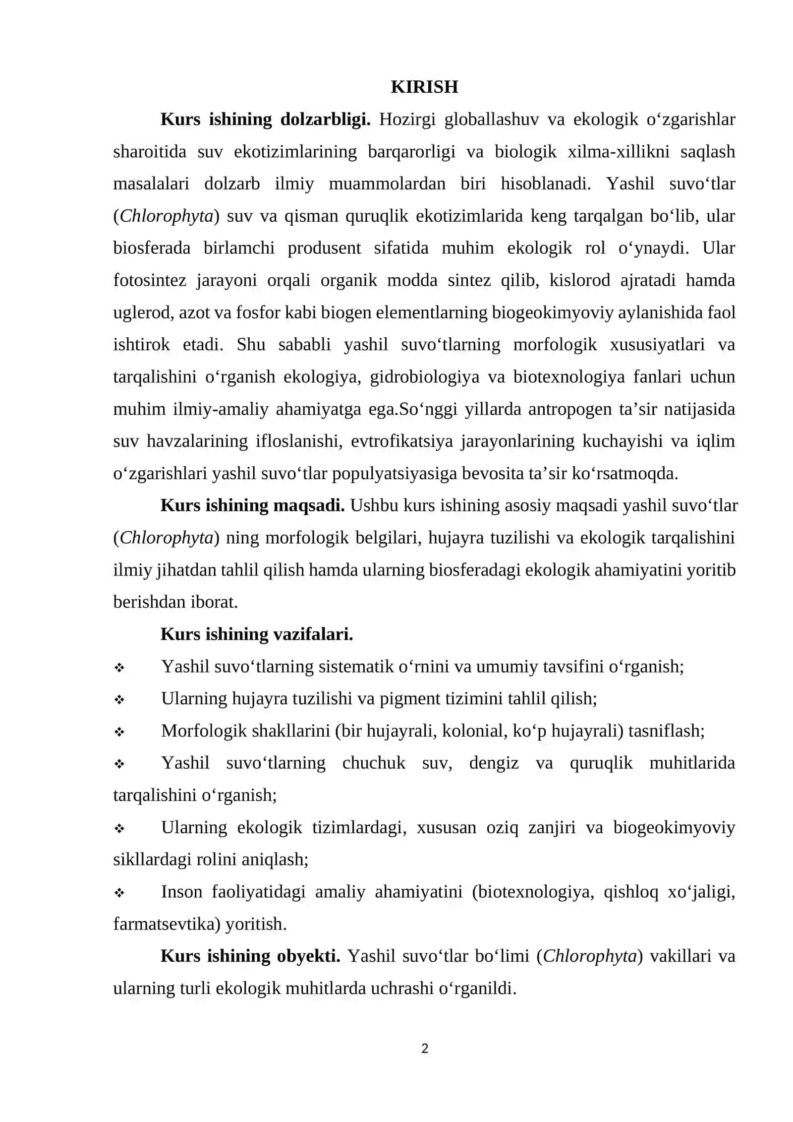 YASHIL SUVO’TLAR (CHLOROPHYTA) MORFOLOGIK BELGILARI VA TARQALISHI 2