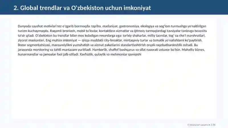 O`zbekistond turizmni rivojlantirish istiqbollari 2