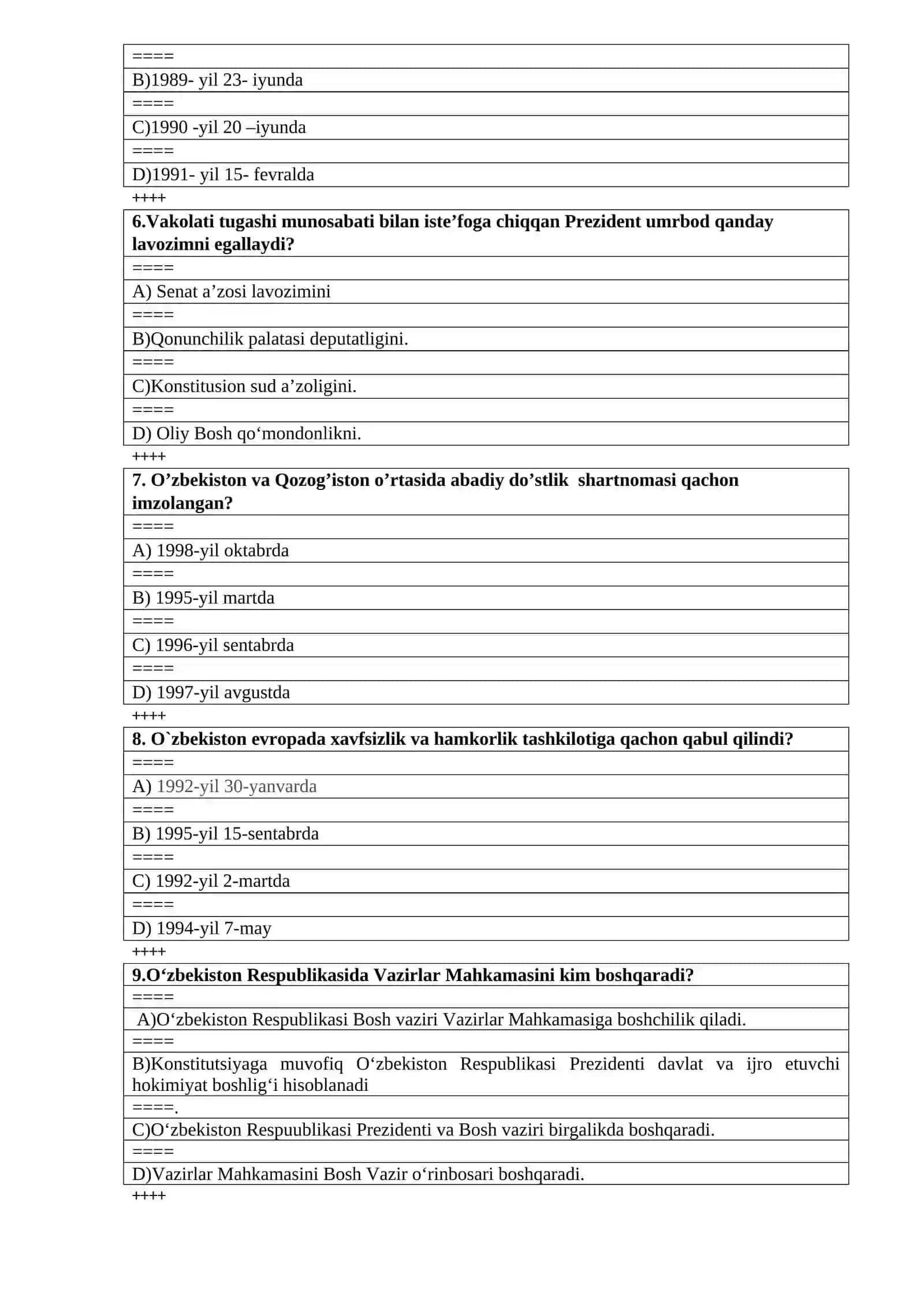 “O’zbekistonning eng yangi tarixi” fanidan TEST shaklda o‘tkaziladigan yakuniy nazorat savollari 2