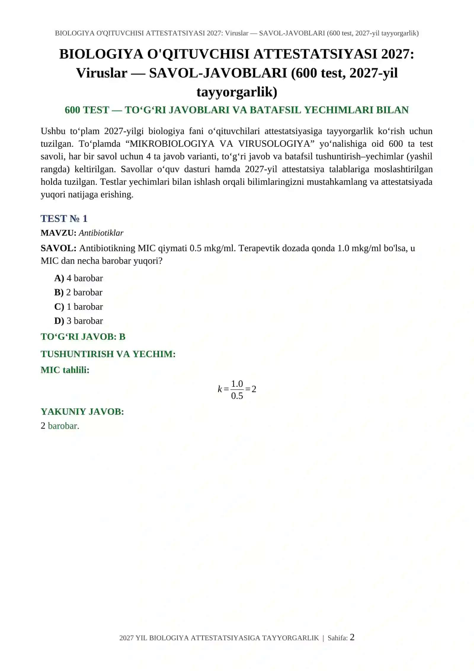 BIOLOGIYA O'QITUVCHISI ATTESTATSIYASI 2027: Viruslar — SAVOL-JAVOBLARI (600 test, 2027-yil tayyorgarlik) 2