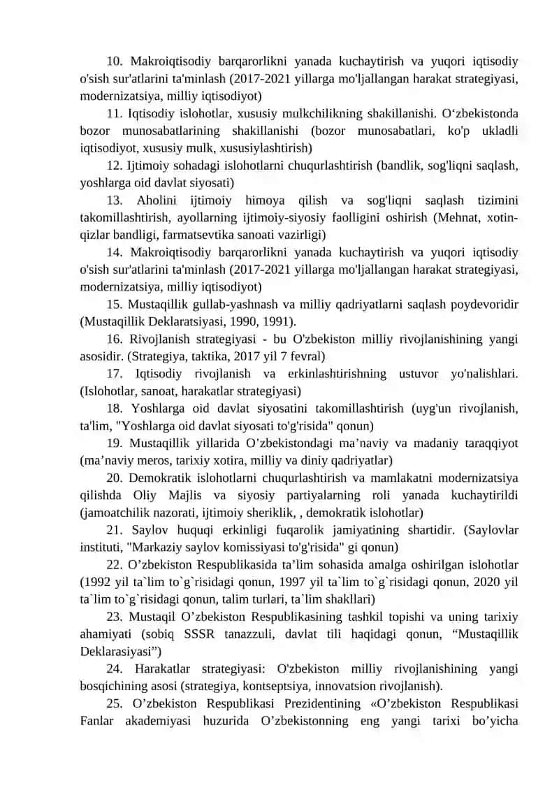 O`zbekistonning eng yangi tarixi fanidan yakuniy nazorat savollari 2