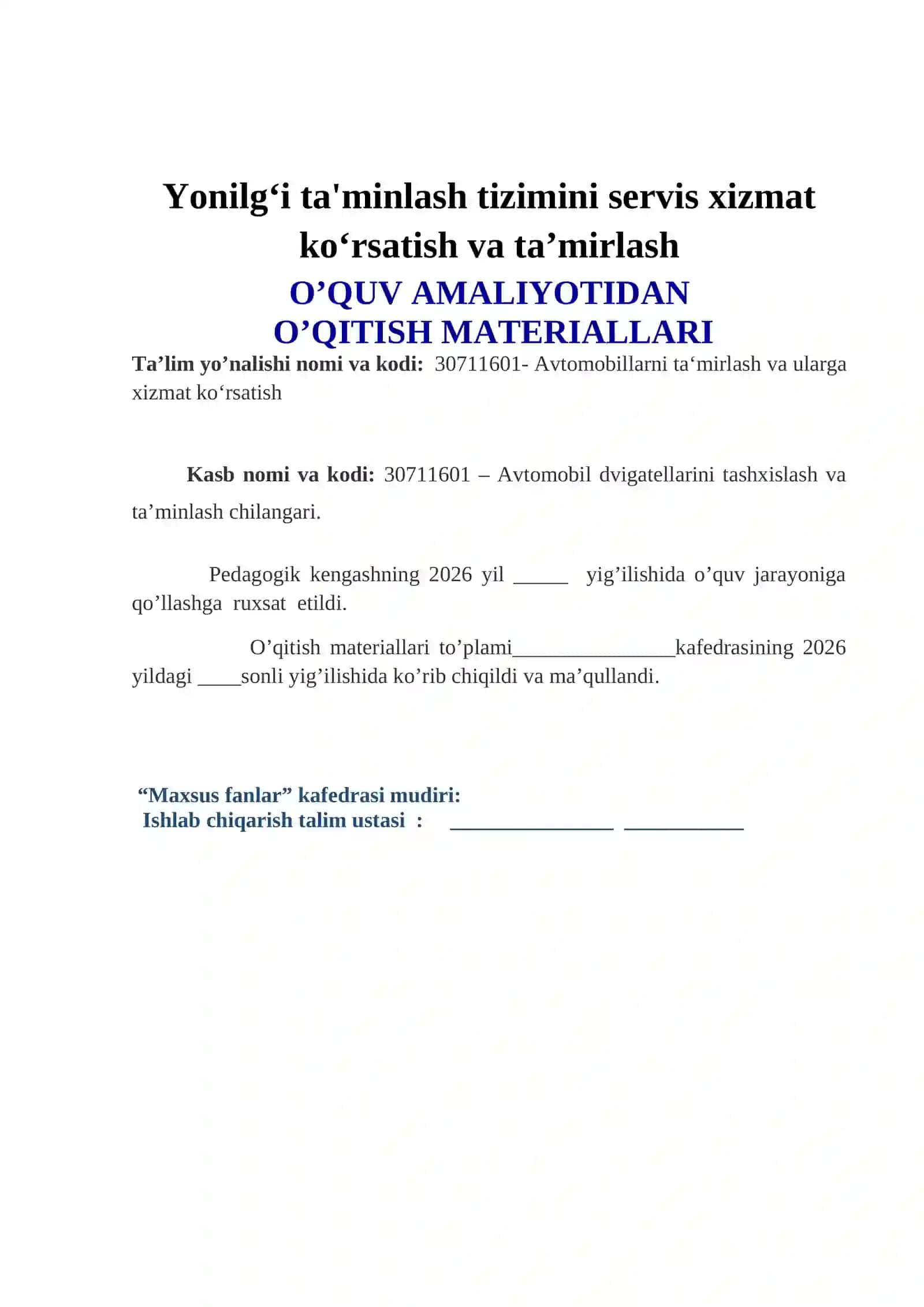 Yonilg‘i ta'minlash tizimiga servis xizmat ko‘rsatish va ta’mirlash 2