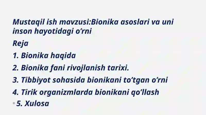 Bionika asoslari va uni inson hayotidagi o’rni 2