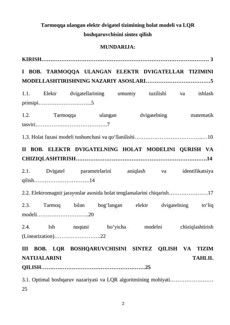 Tarmoqqa ulangan elektr dvigatel tizimining holat modeli va LQR boshqaruvchisini sintez qilish 2