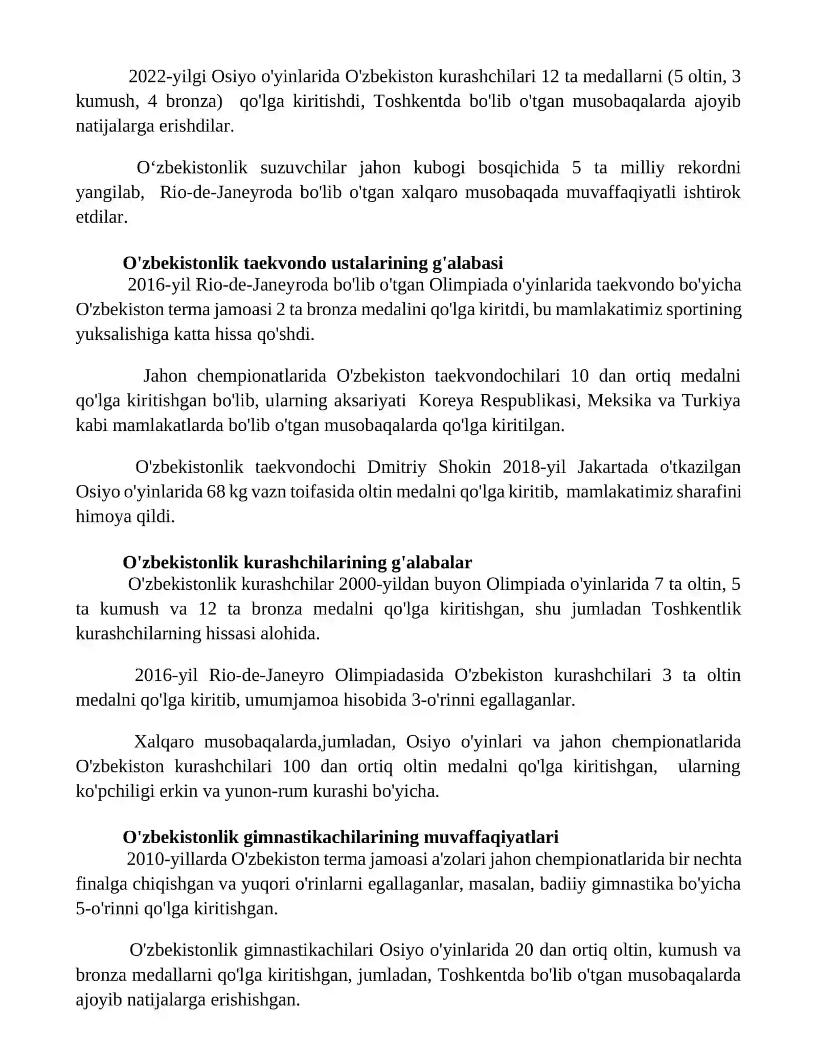 Oʻzbekiston sportchilarining yutuqlari (sport turlari boʻyicha) 2