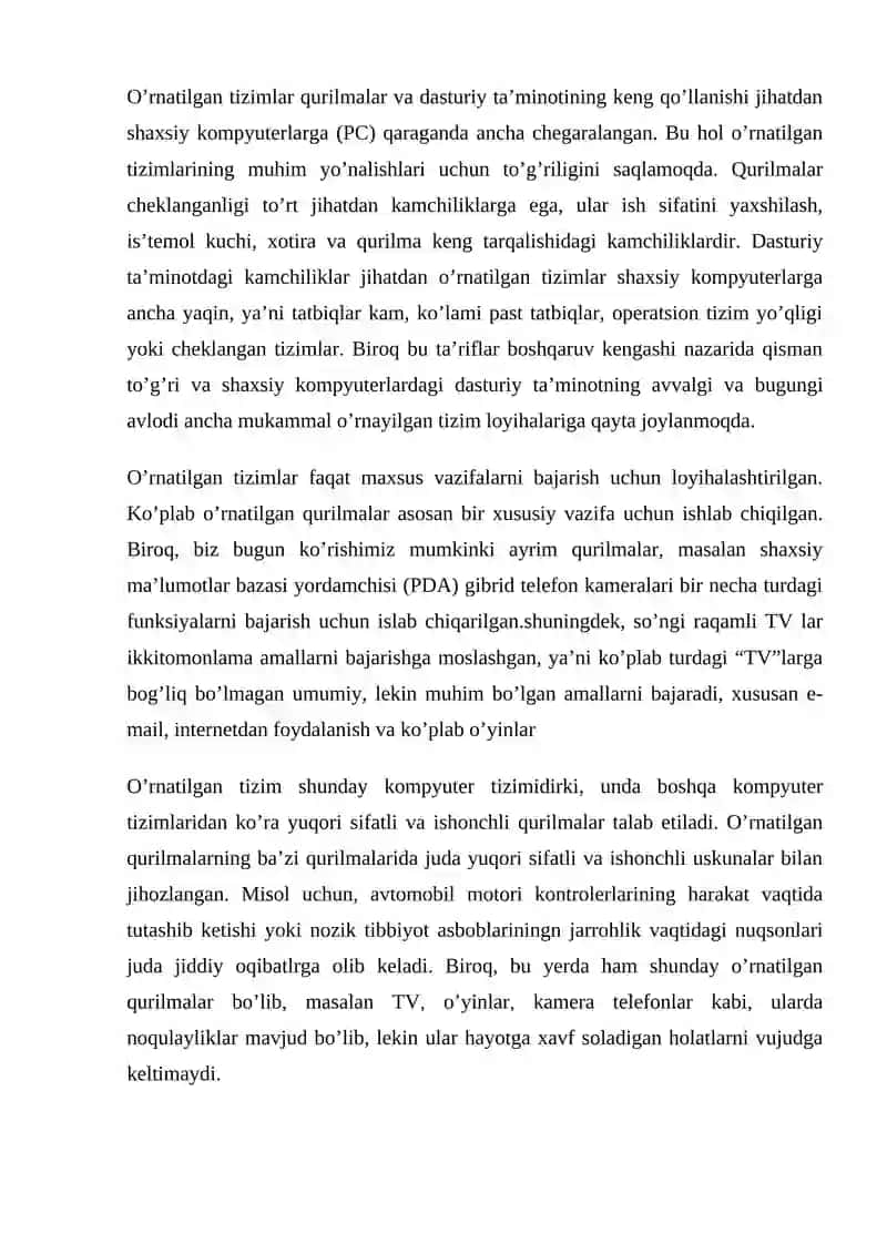 O‘rnatilgan tizimlar faniga kirish.O‘rnatiladigan tizimlar haqida asosiy tushunchalar. O‘rnatilgan tizimlarning turlari va ko‘rsatgichlari. Real vaqt o‘lchamida ishlash 2