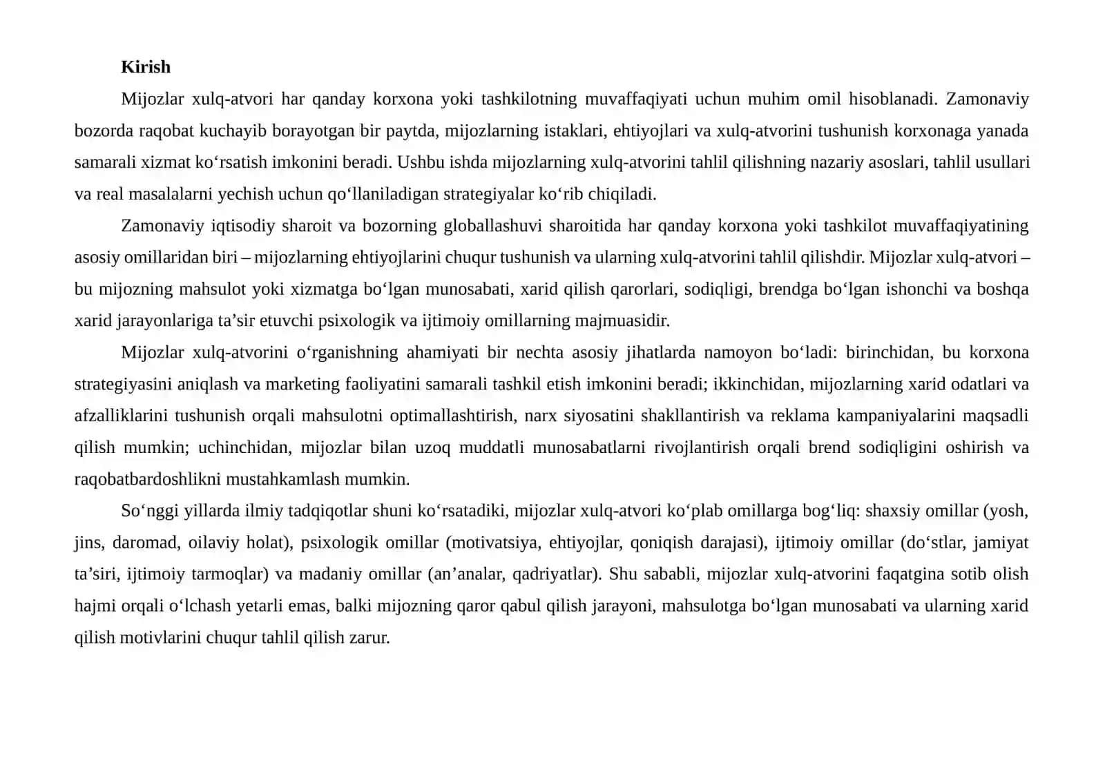 MIJOZLAR XULQ-ATVORINI TAHLIL QILISH VA BERILGAN MASALAGA ANIQ YECHIMLAR ISHLAB CHIQISH 2