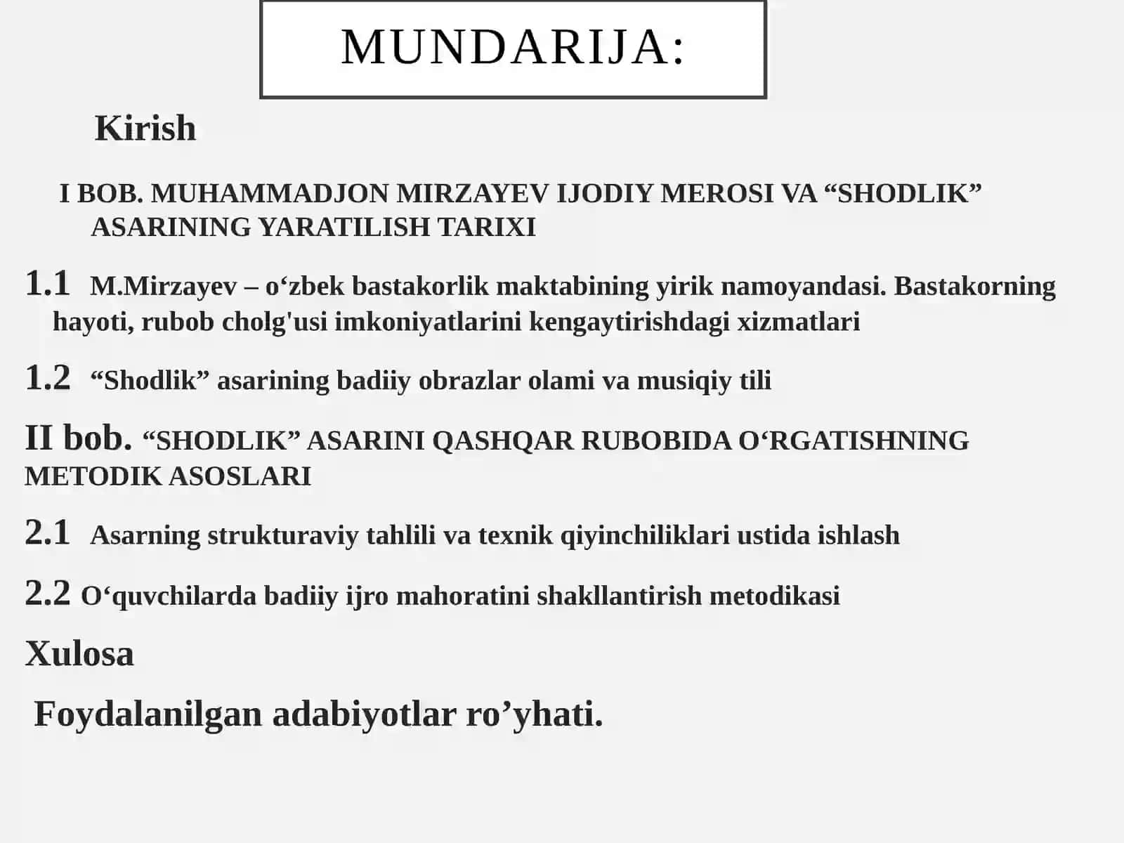 M.Mirzayevning “Shodlik” asarini qashqar rubob cholg‘usida o‘rgatish metodikasi 2