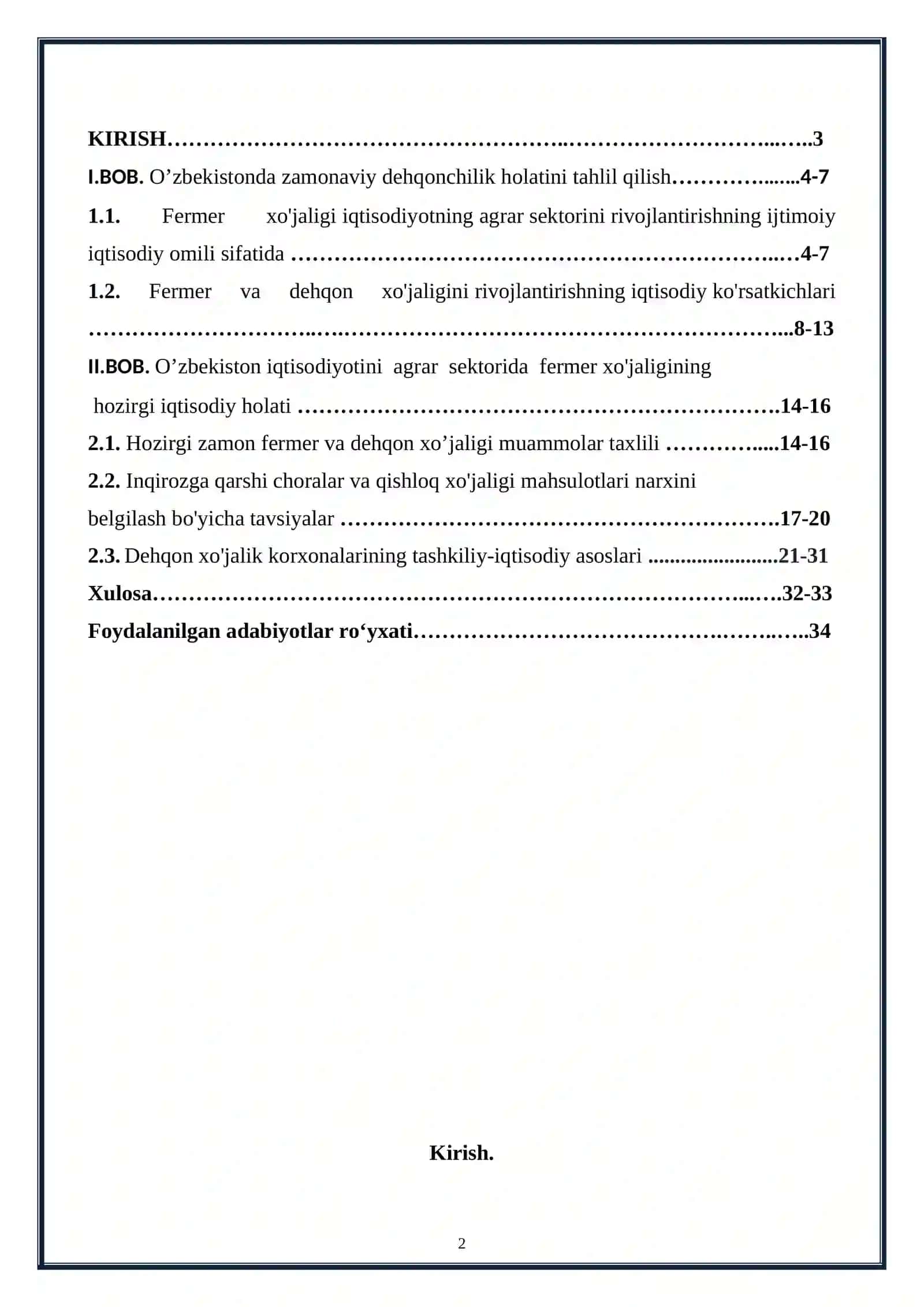 KURS ISHI Mavzu: Fermer va dehqon xoʻjaliklarining tashkiliy-iqtisodiy asoslari 2