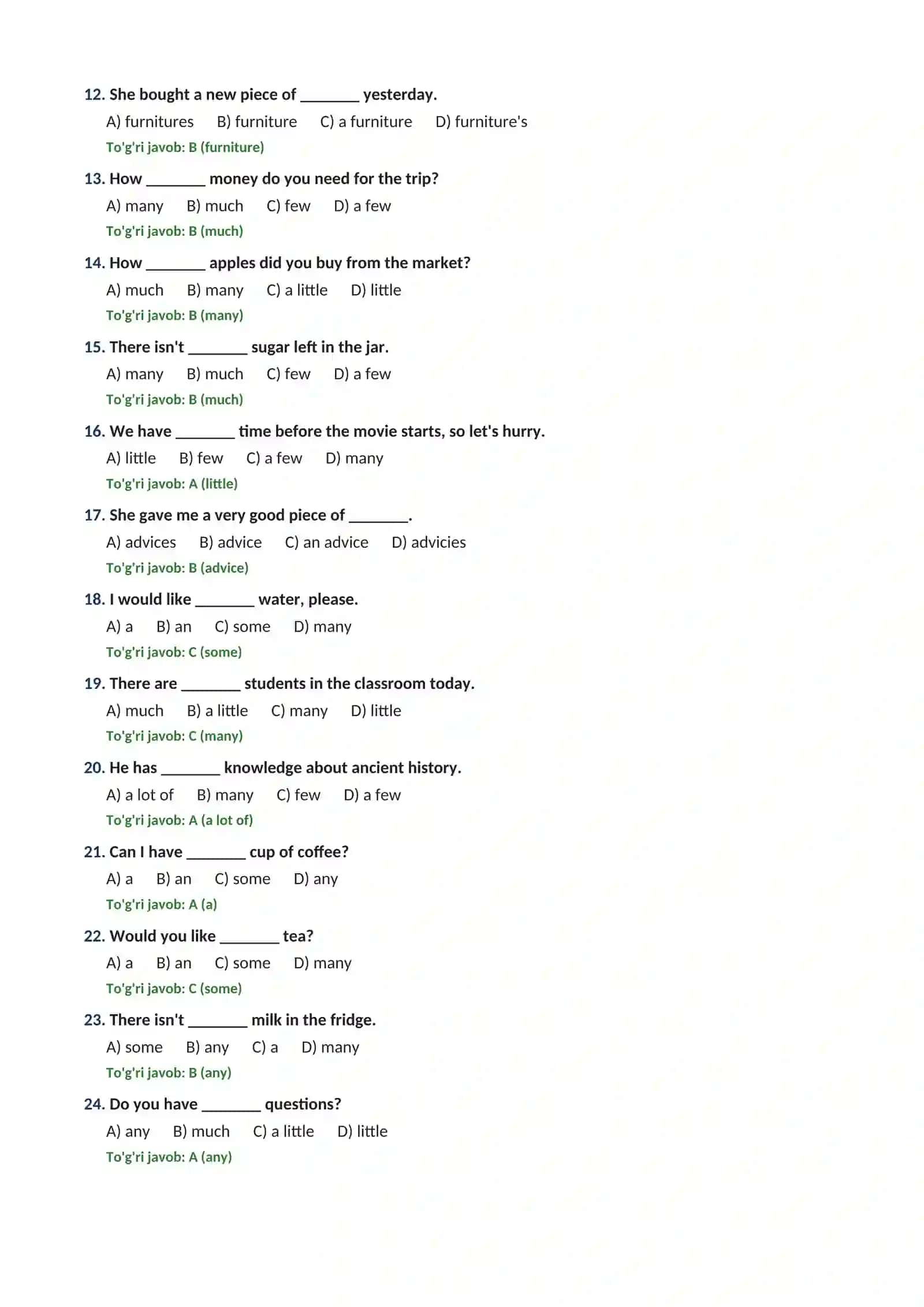 ENGLISH GRAMMAR: COUNTABLE AND UNCOUNTABLE NOUNS  100 TA TEST TOPSHIRIQLARI JAVOBLARI BILAN 2
