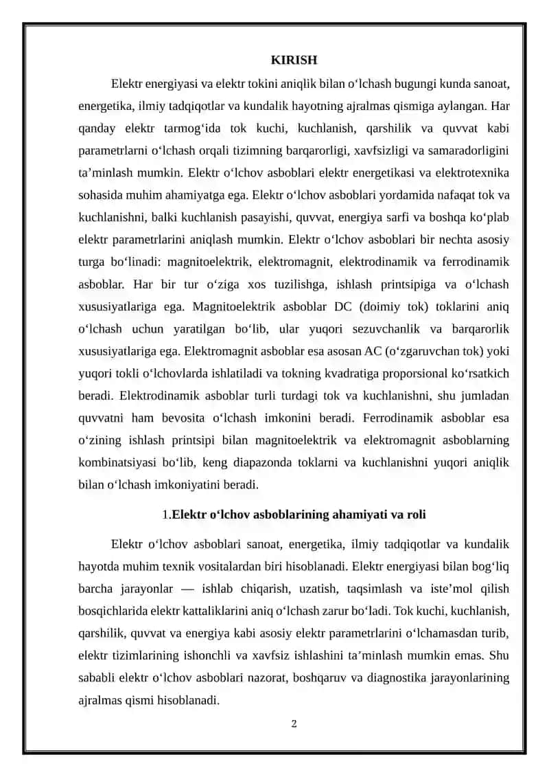 Magnitoelektrik, elektromagnit, elektrodinamik va ferrodinamik o'lchov asboblarining tuzilishi va ishlash printsipi 2
